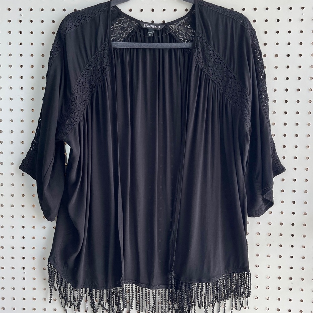 Express Bohemian Open Front Rayon Cardigan Size XS Black Fringe Lace 3/4 Sleeve